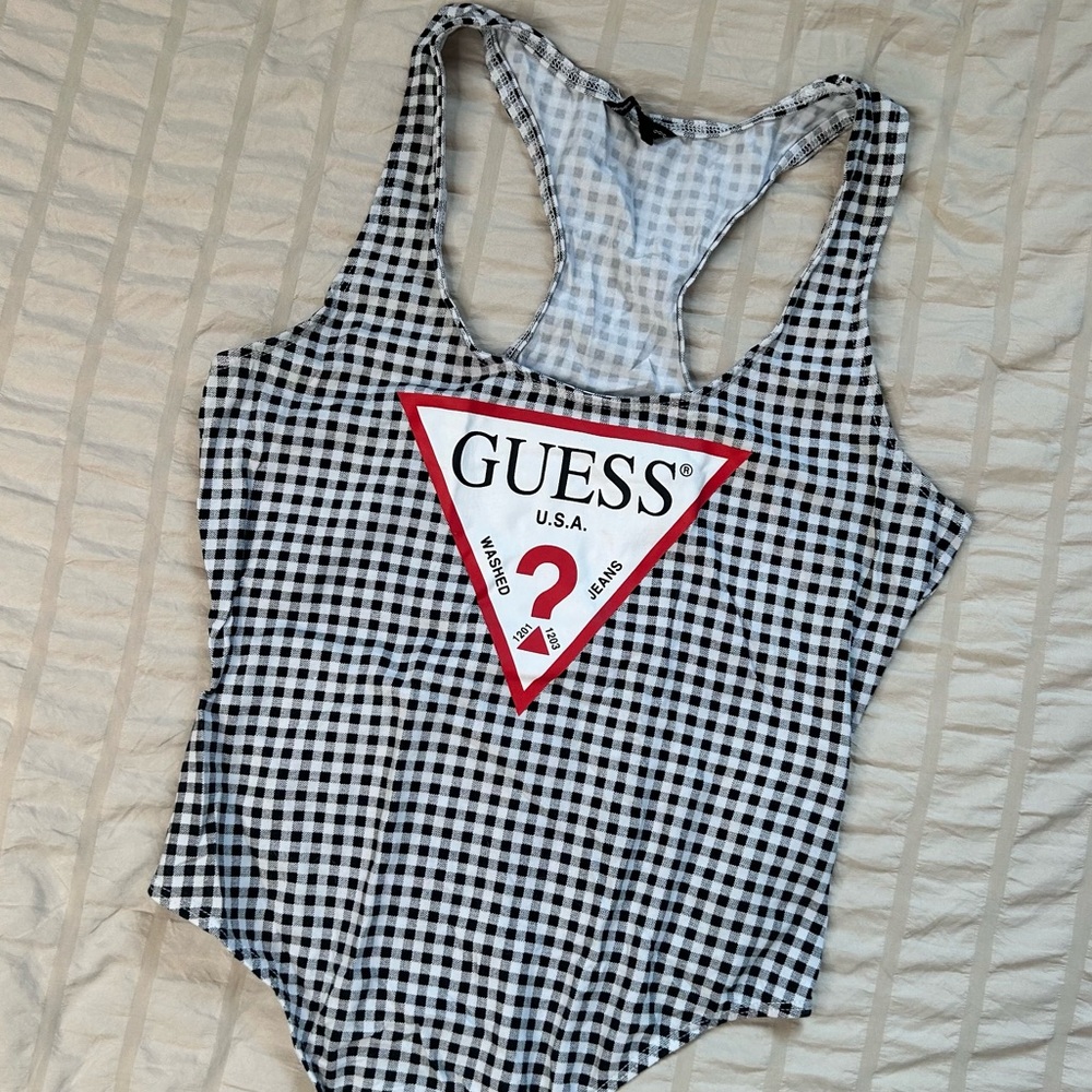 GUESS Gingham Logo Bodysuit | Racerback One-Piece | Size Small